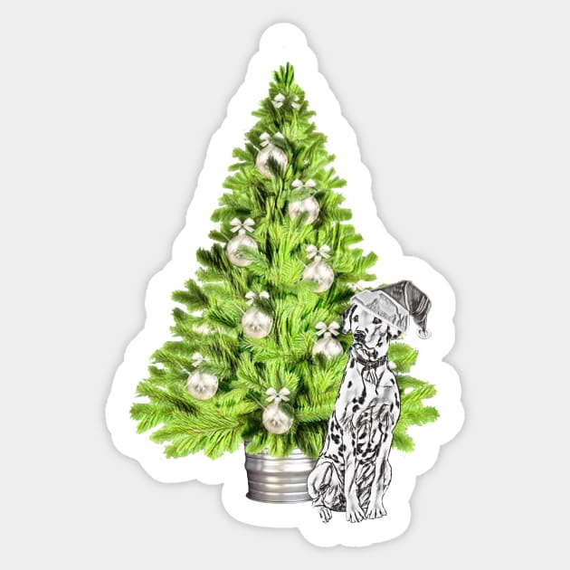 Dalmatian Christmas scene with Christmas Tree and Santa Hat Sticker by NikkiBear67